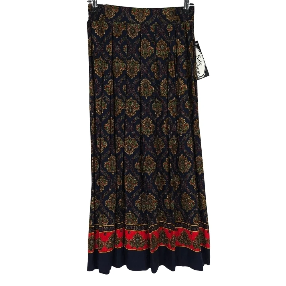 Kate McNaughton Pleated Maxi Skirt Navy Blue Floral Print Pull On Stretch Waist
